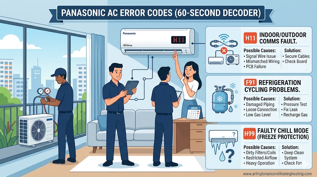 Panasonic AC error codes professional 60-second diagnostic infographic (2026) by arlingtonairconditioningheating.com, highlighting causes for H11, F91, and H99 faults.