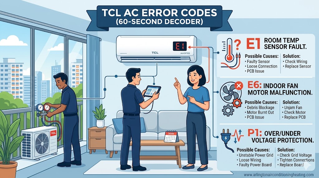 TCL AC error codes professional 60-second diagnostic infographic (2026) by arlingtonairconditioningheating.com, highlighting causes for E1, E6, and P1 faults.