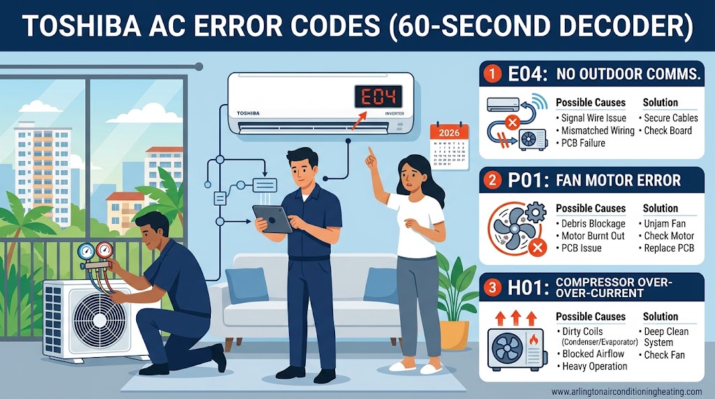 Toshiba AC error codes professional 60-second diagnostic infographic (2026) by arlingtonairconditioningheating.com, highlighting causes for E04, P01, and H01 faults.