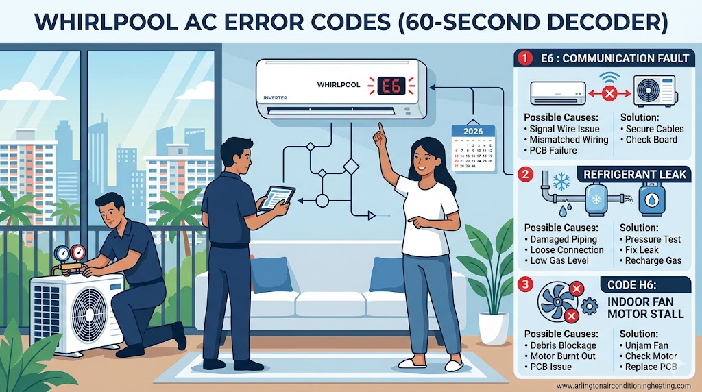Whirlpool AC error codes professional 60-second diagnostic infographic (2026) by arlingtonairconditioningheating.com, highlighting causes for E6, F0, and H6 faults.