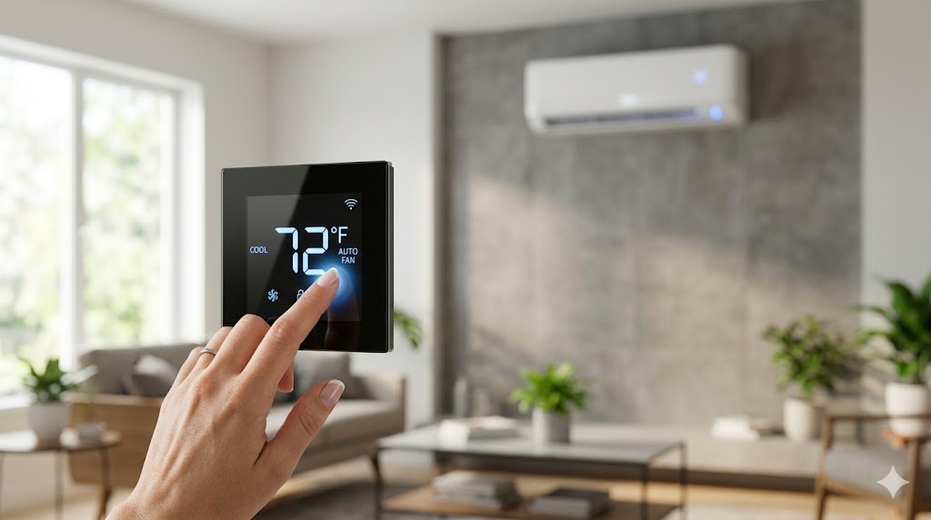 A modern digital thermostat controlling a high-efficiency inverter mini-split air conditioner in a living room.