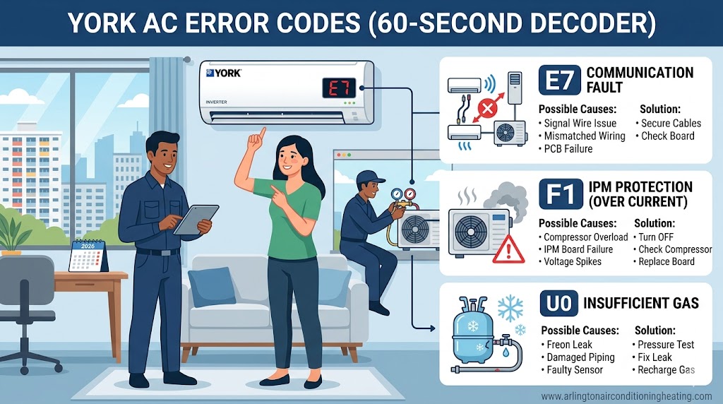 York AC error codes professional 60-second diagnostic infographic (2026) by arlingtonairconditioningheating.com, highlighting causes for E7, F1, and U0 faults.